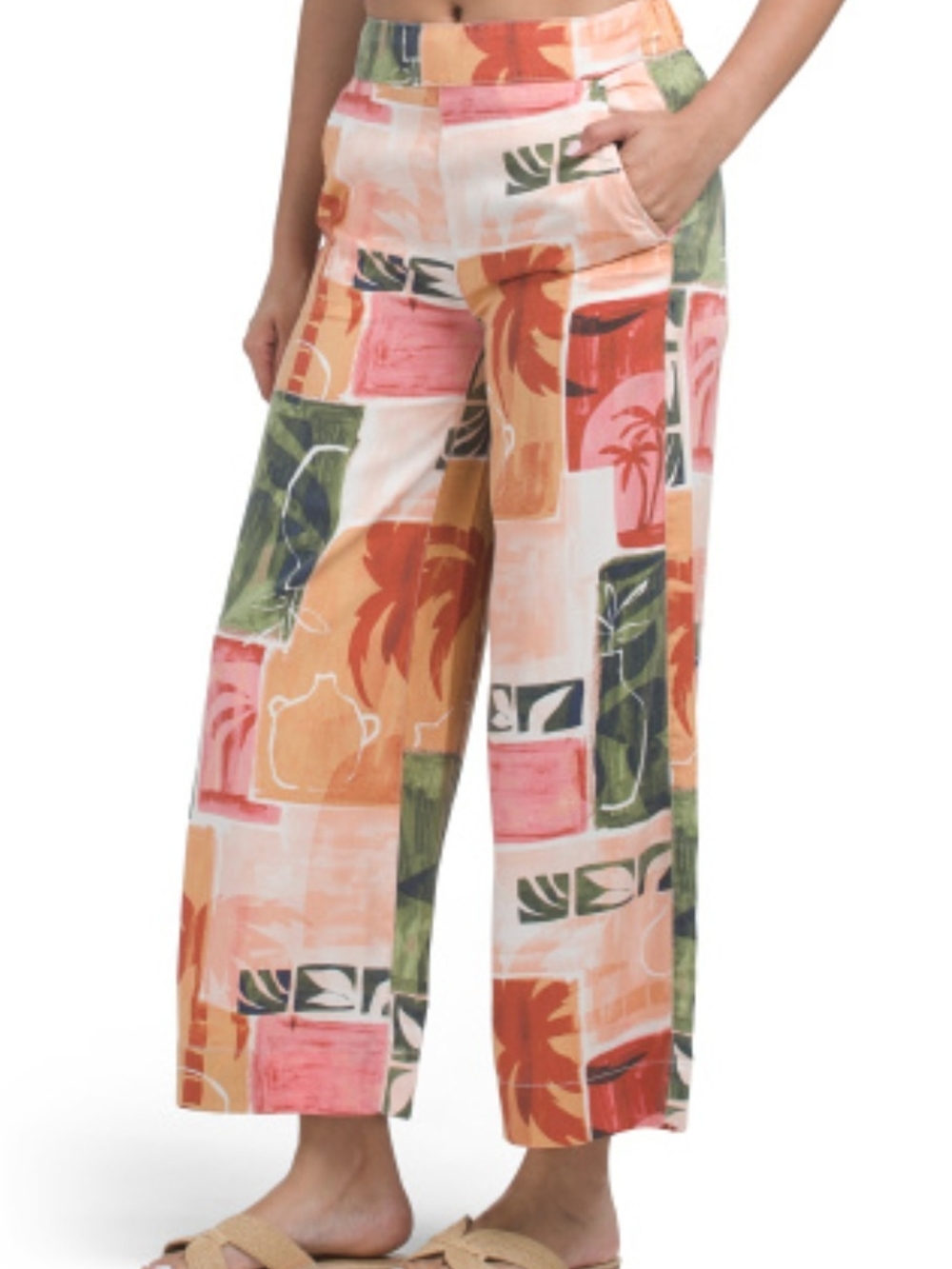 Nicole Miller Multicolor Tropical Block Print Wide Leg Pants